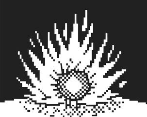 Explosion in retro pixel art black and white digital blast with radial lines, energy burst effect, minimalistic illustration
