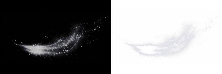 Png overlay photo featuring a dynamic swirl of sparkling particles on contrasting black and white backgrounds, ideal for creative design and visual enhancement projects