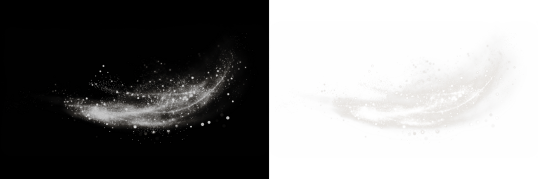 Abstract white and black png overlay featuring swirling particles and light effects, creating a dynamic visual element for design projects and artistic compositions