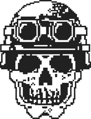Obraz premium Pixel skull wearing tactical helmet and night vision goggles retro digital art, monochrome, military concept