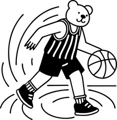 Cute bear playing basketball animal character dribbling ball in sports jersey, active movement, fun sporty illustration