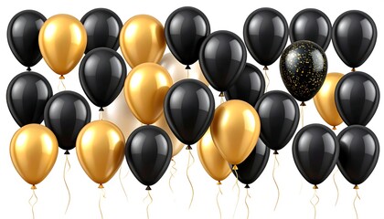 Black, gold, and white balloons, realistic glossy effect, isolated on white