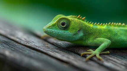 Naklejka premium Charming, macro photograph of a small, cute green chameleon with large, expressive eyes resting on a wooden surface with a green background.