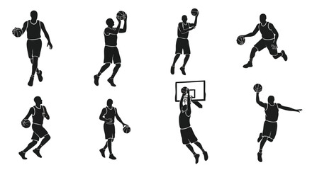 Basketball Player Silhouette Vector Set — Dribbling, Shooting, and Dunking Poses