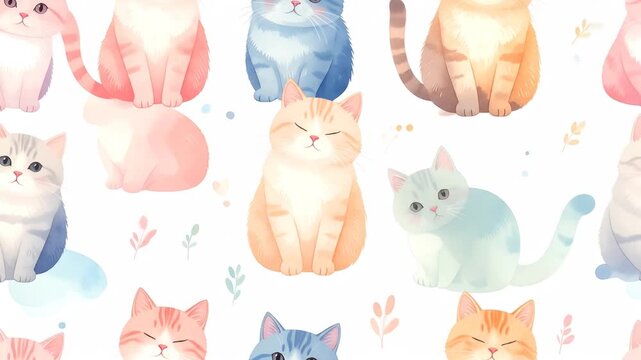 Adorable Watercolor Cat Pattern: Cute, Colorful, and Playful Artistic Illustration Design