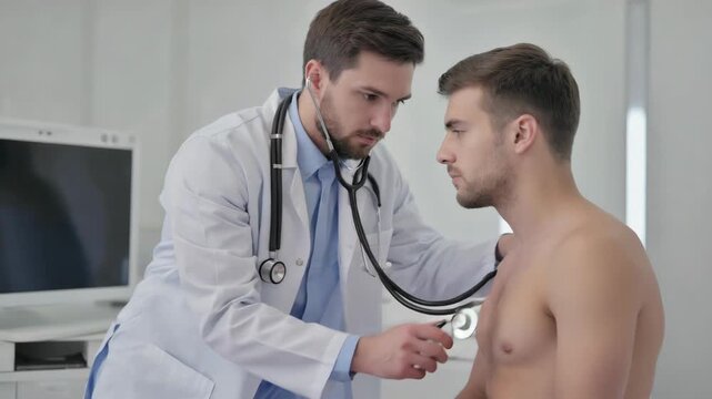doctor using stethoscope to check patient chest, male medical examination in modern clinic, healthcare consultation, professional diagnosis scene