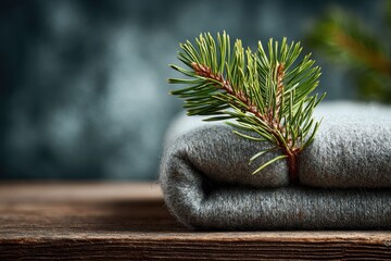Winter Close Up Of Frosted Pine On Rolled Gray Fabric On Wood Table