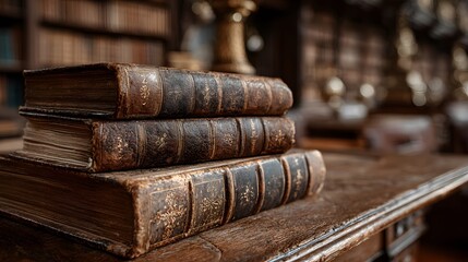 Naklejka premium Classic, moody photograph of a stack of antique, leather-bound books resting on an old wooden desk in a vast, endlessly shelved library.
