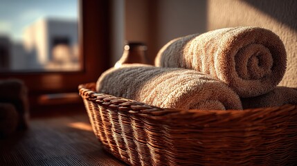 Sunlit Basket of Rolled Towels by a Window in a Cozy Home Interior