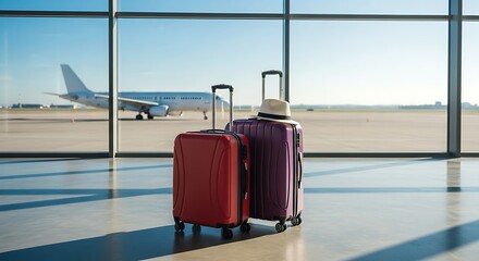 Stylish luggage ready for adventure at the airport, anticipating exciting destinations with a hat resting on top, perfect for travel blogs and wanderlust campaigns