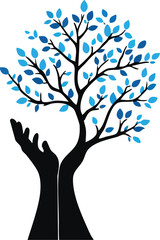 Obraz premium Support tree vector—black hands forming trunk with blue leaves for growth, care, and environmental symbolism in minimalist style