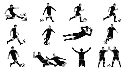 Football Player Silhouette Vector Set with Soccer Actions and Goalie Save Illustration