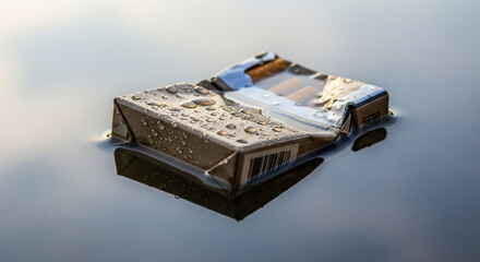 Fototapeta premium Waterlogged cigarette pack floating alone on smooth, calm water surface. Extreme close-up shot of a heavily waterlogged, brown and gold cigarette pack floating on a dark, smooth body of water