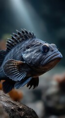Fototapeta premium Majestic underwater portrait of a striking fish displaying intricate details, vibrant colors, and unique features in a serene aquatic environment