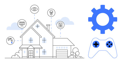 Modern house with smart home icons including lighting, surveillance, climate control, and gaming features. Ideal for technology, innovation, IoT, smart devices, convenience home security