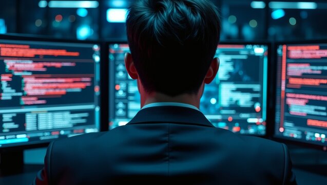 A person in suit monitors data on multiple screens, showing concentration and technological prowess.