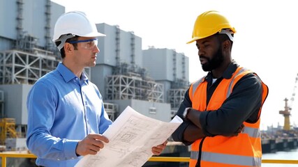 Two engineers discussing blueprints at an industrial construction site. - Powered by Adobe
