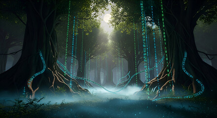 Mystical forest glade illuminated by ethereal moonlight, with digital binary code cascading like rain and weaving through ancient trees, creating a magical, futuristic nature blend.