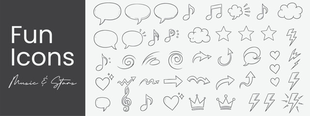 Whimsical Hand Drawn Icon Set Speech Bubbles Music Notes Clouds Stars Hearts Lightning Bolts Arrows Crown and Swirls for