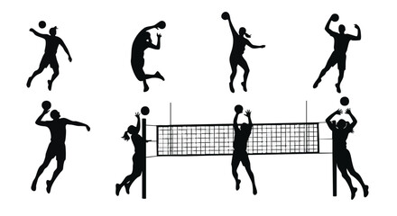 Volleyball Player Silhouette Vector — Dynamic Volleyball Actions and Net Play Poses