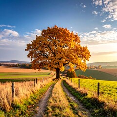 Fototapeta premium A vibrant autumn landscape showcasing a tree on a rural dirt path under a blue sky