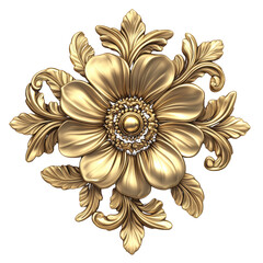 Golden Flower Ornament with Detailed Petals and Leaves graphic design isolated on a transparent background