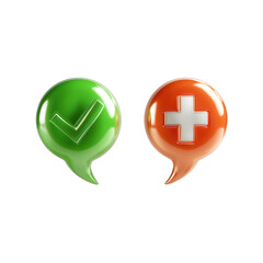Green checkmark and white plus sign in speech bubbles graphic design isolated on a transparent background