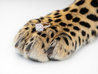 Leopard Paw Holding Diamond Engagement Ring in Close-Up Composition