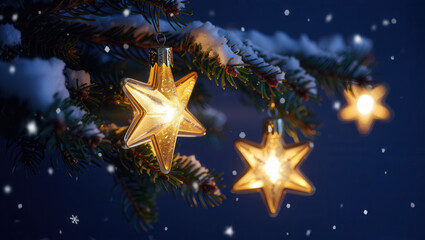 Snow-Covered Pine Branch with Glowing Star Lights on Winter Night