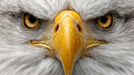 Intense  photograph captures the piercing gaze of a majestic bird of prey, revealing the detailed texture of its feathers and the sharpness of its yellow beak against a backdrop of soft, neutral...