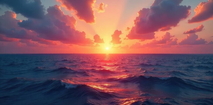 A breathtaking sunrise over a vast, seemingly endless ocean, the sun's rays painting the sky with vibrant hues of orange, pink, and gold, promising a new beginning and untold adventures , sea, light