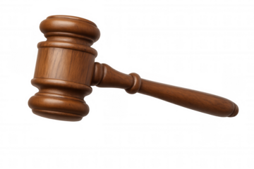 Wooden judge's gavel symbolizing law, justice, verdict, and authority, isolated on transparent background