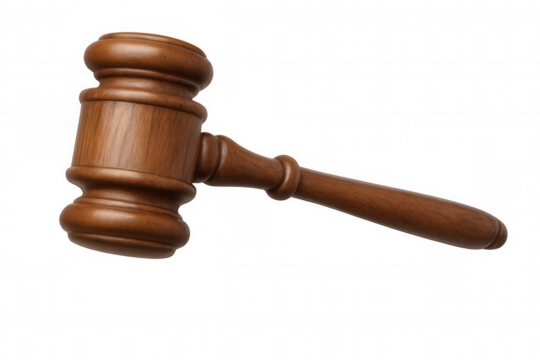Wooden judge's gavel symbolizing law, justice, verdict, and authority, isolated on transparent background