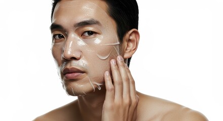 Close-up portrait of handsome Asian man wearing a clear moisturizing sheet mask, touching his cheek.