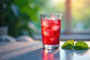 A calming beverage in a glass, ice cubes clinking gently, soft lighting enhances the tranquil scene Perfect for relaxation, sleep, wellness, and mindfulness themes , ingredients, liquid, relaxation