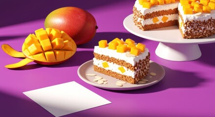 Vibrant mango layer cake slice with whipped cream, almond brittle, and fresh fruit on a purple background with hard light shadows.