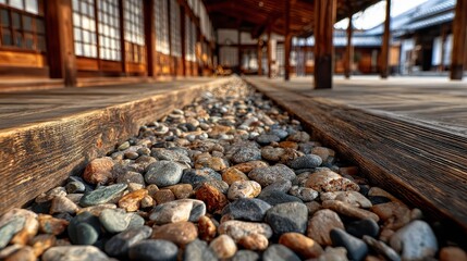Golden Hour Light Over A Traditional Japanese Corridor With Pebble