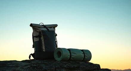 Rugged hiking backpack and rolled sleeping pad resting on a rocky summit at sunrise.