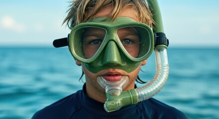 Extreme close up of a child wearing green snorkel gear ready for swimming in the turquoise ocean water