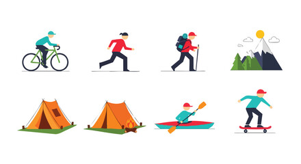 Outdoor Activity Vector Set – Camping, Hiking, Cycling, Kayaking, Adventure Illustration