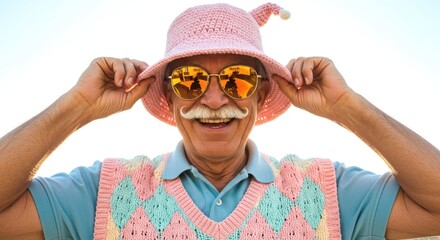 Eccentric senior man wearing mirrored sunglasses, a colorful pastel knit vest, and a funny pink crochet bucket hat smiling widely against a bright sky.