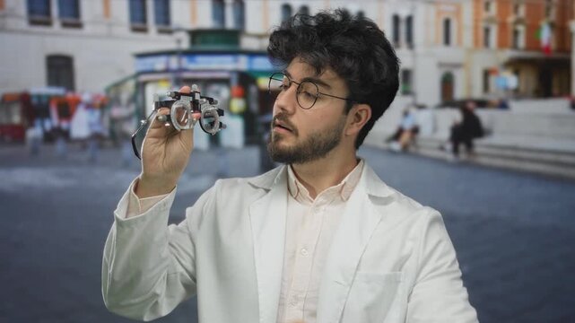 Young man with beard in white coat holding optometry glasses on a street with italian flag in background examining eyewear.