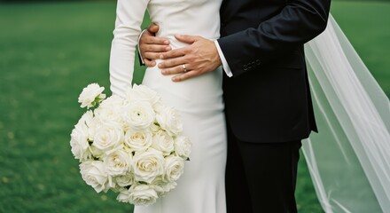 Newlywed couple embracing with wedding ring and white rose bouquet against a green background.