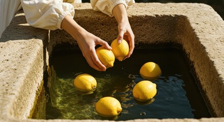 Woman's hands placing fresh yellow lemons into a rustic stone water basin under sunlight