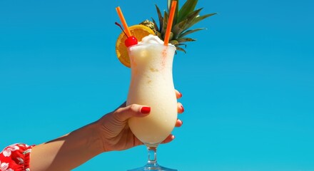 Hand holding a cold frozen tropical cocktail garnished with cherry and pineapple against a bright blue sky on a sunny summer day.