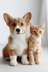 Obraz premium Adorable corgi puppy and ginger kitten sitting together on white background