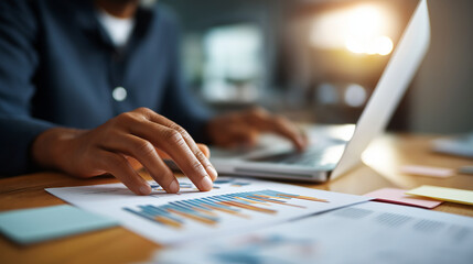 detail of hands flipping through printed financial charts next to a laptop calculator and sticky notes neatly aligned conference room backdrop defocused soft top down