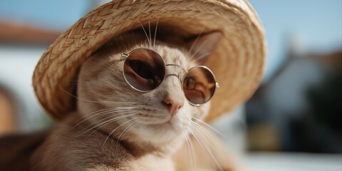 Stylish orange tabby cat in straw hat and sunglasses enjoying sunny day