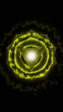 Glowing Solar Plexus Chakra energy vortex animation, radiant light aura, sacred spiritual geometry, cosmic portal, seamless loop, divine power and mystical balance of inner light.