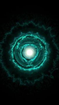 Glowing Throat Chakra energy vortex animation, radiant light aura, sacred spiritual geometry, cosmic portal, seamless loop, divine power and mystical balance of inner light